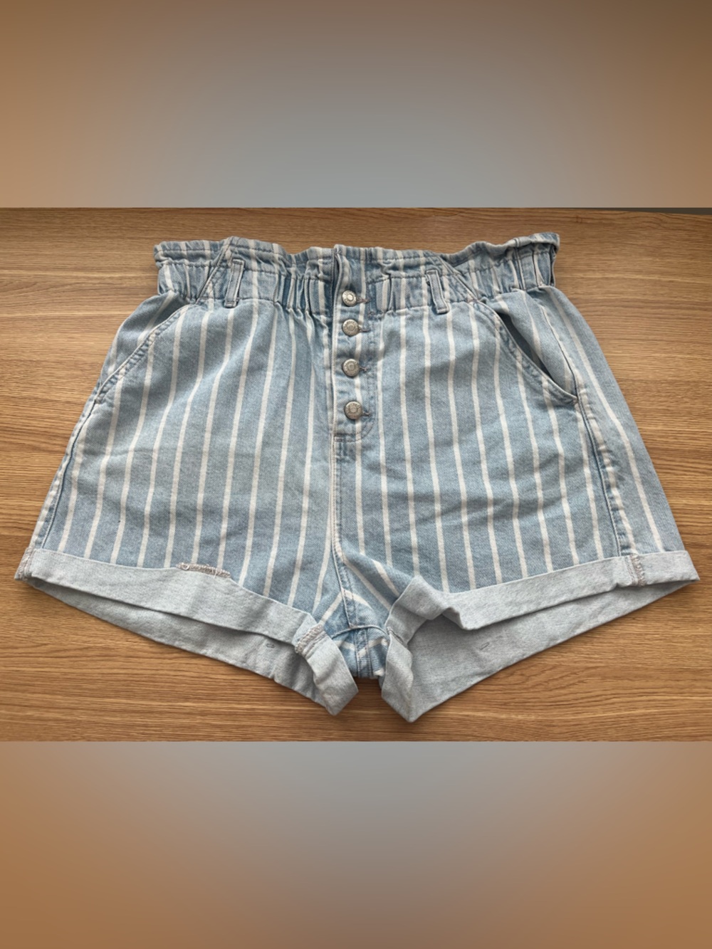 Topshop Womens Shorts Sz 12 Vintage Mom Striped Button Fly Paperbag Shorts